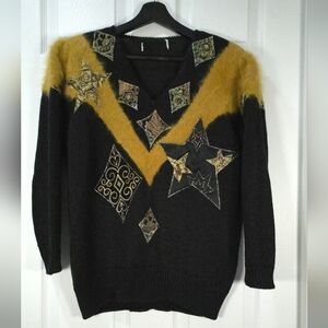 VTG 80s Black And Gold Avant Garde Patchwork Star Angora Sweater M